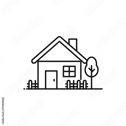 A simple line drawing of a house with a door, window, chimney, and a small tree in front.