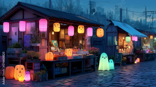 Enchanting Night Market Scene: Amidst the twilight ambiance, a night market comes alive, illuminated by vibrant lanterns, captivating lights, and decorations, creating an atmosphere of wonder.