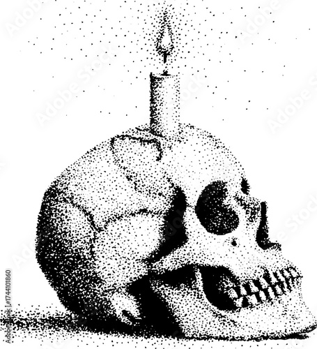 Intricately stippled skull with candle dotwork illustration for artistic design