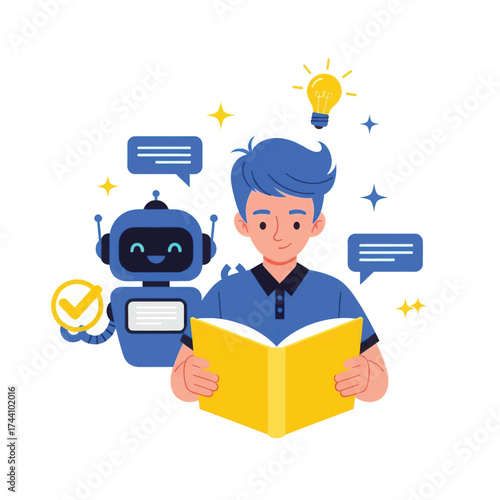 Vector illustration of vector art of boy reading a book with a friendly robot companion, symbolizing education, learning, and artificial intelligence assistance