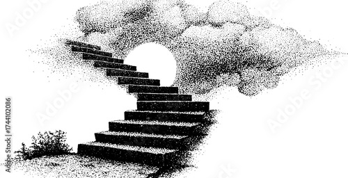 Mystical staircase ascending to the clouds in detailed dotwork stippling art