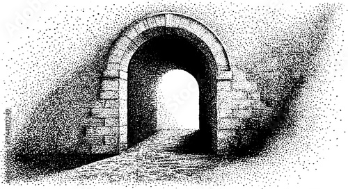 Intricate dotwork stipple illustration of an ancient stone archway for artistic design