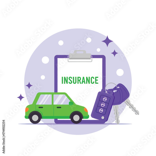 Vector illustration of vector art of car insurance concept with a green car, keys, and a clipboard, representing vehicle protection and policy