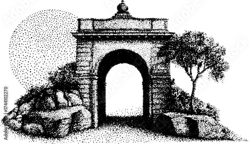 Intricate dotwork of historic stone archway with nature elements for artistic design