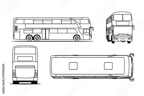 Double-decker bus blueprint set, side, front, top, and back views