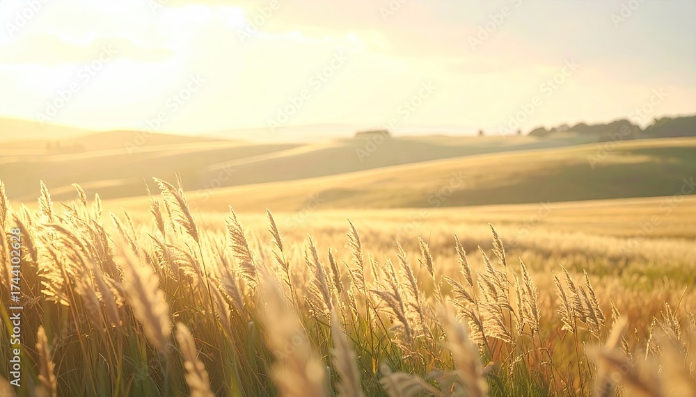 Obraz premium Golden Field at Sunset with Rolling Hills and Sunlit Grass in Warm Natural Light