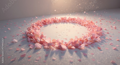 Circle of delicate pink rose petals scattered on smooth surface with soft light
