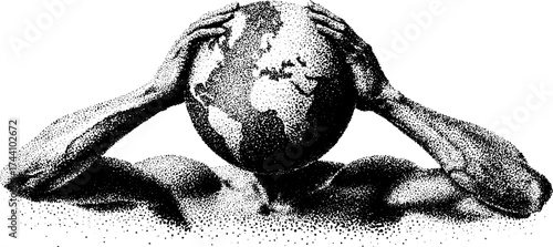 Mythical titan holding earth in detailed dotwork stippling style for artistic design