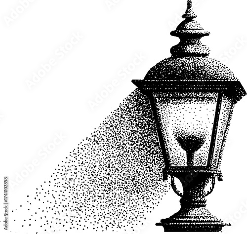Intricate dotwork stippling depiction of a vintage lantern for design purposes