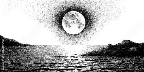 Mystical water spirit in stipple dotwork technique capturing moonlit serenity