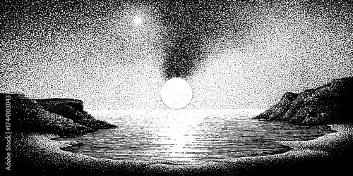 Serene sunset over ocean in dotwork stipple art design