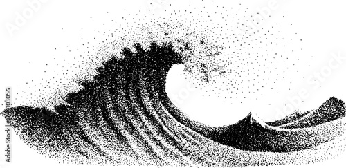 Intricate stipple art of a cresting wave - nautical design for art projects