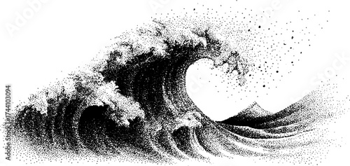 Intricate dotwork illustration of a cresting ocean wave for art and design