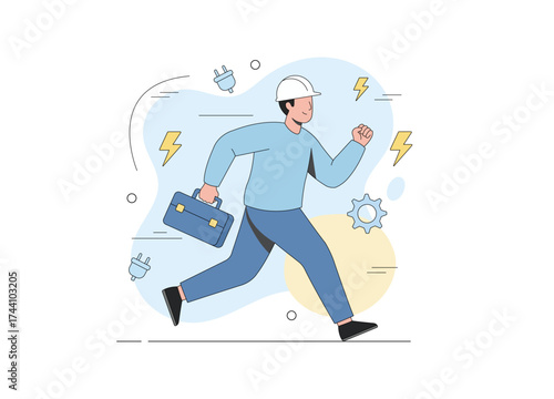 A male worker or electrician in a white hard hat and blue uniform, running while carrying a tool bag. Concepts of emergency service, quick response, maintenance in the electrical profession.