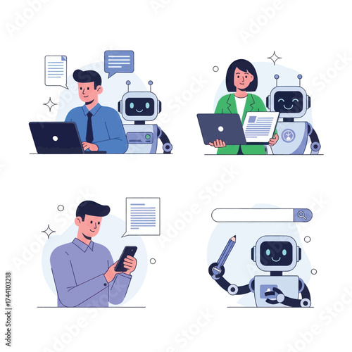 Vector illustration of illustration of people working with robots and computers, representing technology and automation in the workplace and daily life