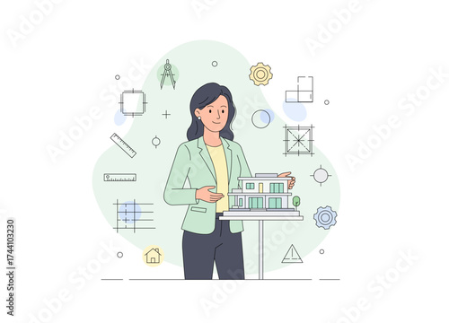 A female architect or designer presenting or reviewing a model of a contemporary house. She is standing confidently in professional attire, holding the scale model with care.