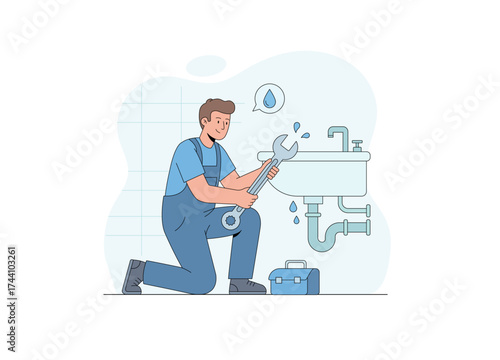Plumbers are working to repair leaking water pipes. He is holding a large wrench and is focused on fixing a problem with a bathroom sink.