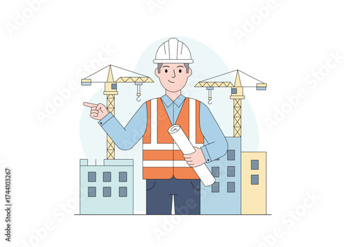 Civil engineer standing in front of a construction site backdrop. He is pointing to the left with one hand while holding a rolled-up blueprint or construction plan in the other.