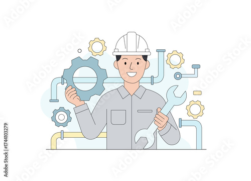Young engineer or technician wearing a white hard hat and a light grey work suit. Concepts of maintenance, mechanical engineering, and troubleshooting related to machinery and infrastructure.