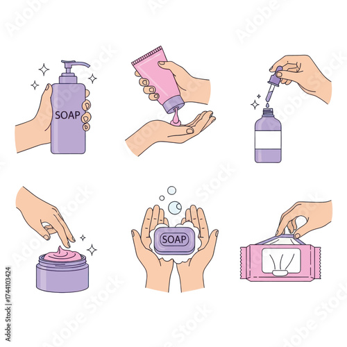 Vector illustration of vector art of set of illustrations showing hands performing various hygiene actions with soap, sanitizer, and wipes for cleanliness and health