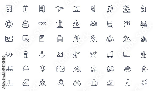 Travel and tourism icon collection with hotel, suitcase, passport, plane, camera, ticket, summer getaway, family vacation, adventure, mountain, ferry, pool, beach, and holiday essentials
