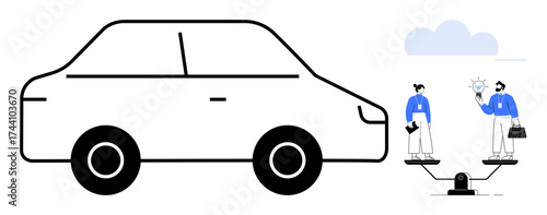 Large minimal car outline adjacent to two professionals on a seesaw, symbolizing balance between innovation, work, and transportation. Ideal for automotive, teamwork, sustainability, innovation