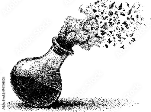 Alchemical flask with smoke in detailed dotwork stippling for poster or design