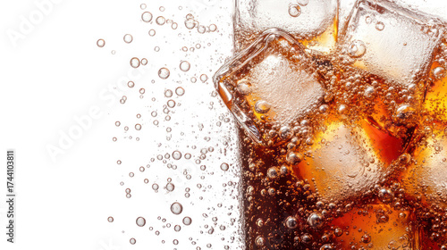 Close up of a refreshing cola drink with ice cubes and bubbles isolated on transparent background