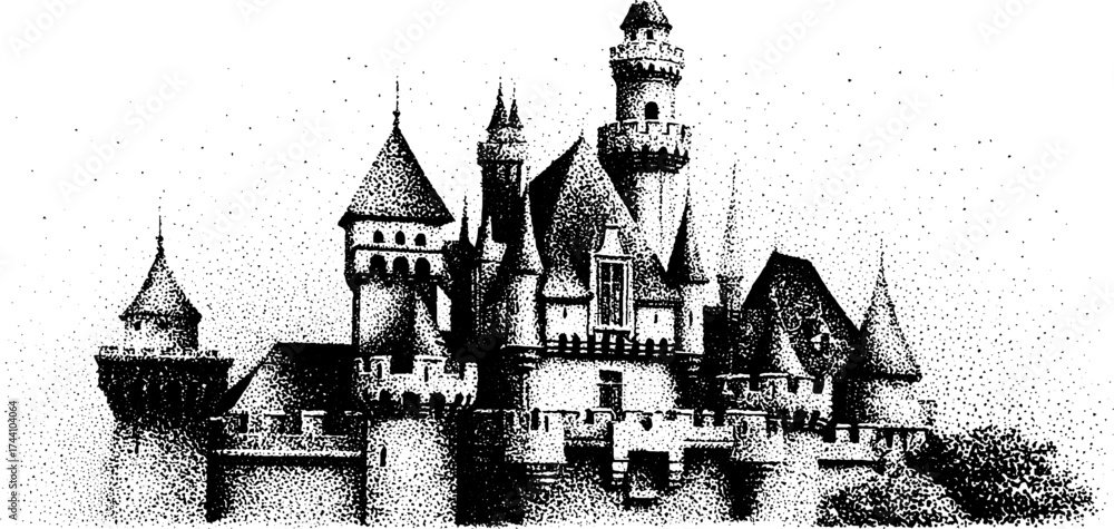 Fototapeta premium Intricate dotwork stippling illustration of an ancient castle architecture