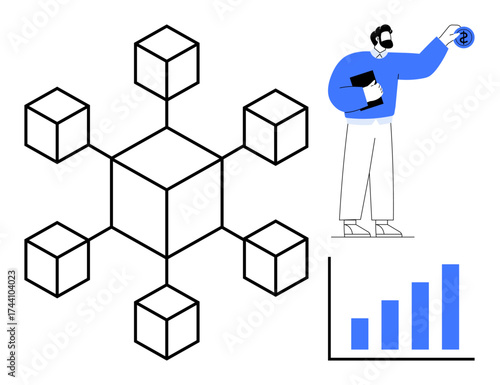 Abstract cubes connected in a network represent blockchain, man holding documents for investment adds coin, bar chart shows growth. Ideal for technology, crypto, finance, investment, network
