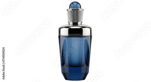 Isolated blue glass perfume bottle with silver cap and rounded topper, beauty product