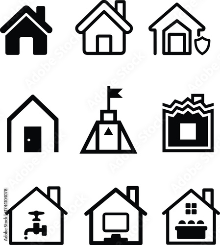 Flat vector icons of various buildings and rooms including houses, school, bathroom, office, and water facility in grid layout