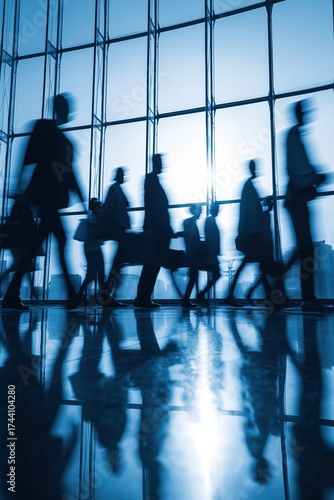 Silhouettes of business people walking through modern glass terminal background, motion blur emphasizing speed and direction