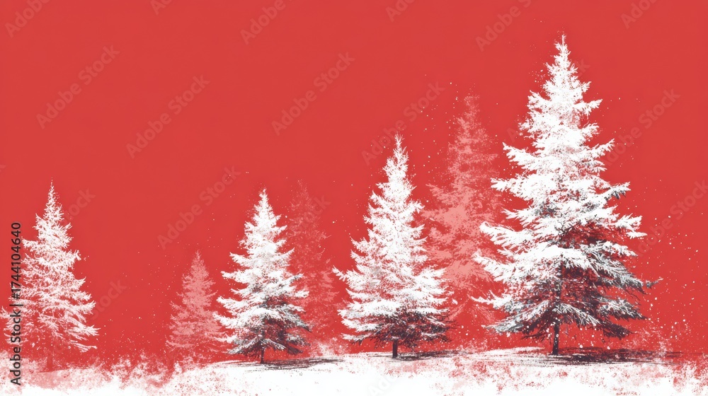 Fototapeta premium White pine trees on a red background. Christmas concept.