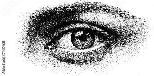 Intricate dotwork stippling illustration of a human eye for art and design projects