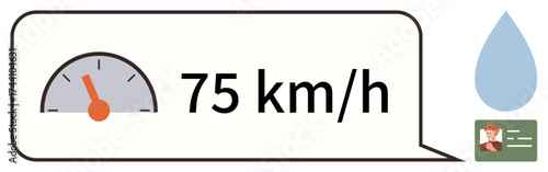 Speedometer at 75 kmh alongside water droplet and driving license card suggesting speed awareness, weather impact, and safe driving. Ideal for transport, driving safety, weather, speed, navigation