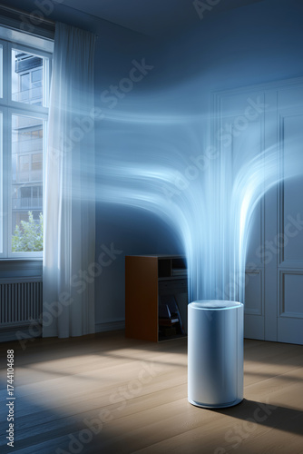 Modern floor-standing air purifier with blue air currents in minimalist home office, compact workspace, sense of freshness