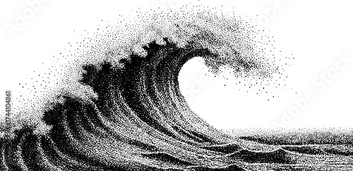 Intricate dotwork stipple illustration of a curling ocean wave