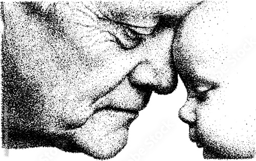 Emotional dotwork illustration of an elderly man and baby in close connection