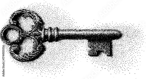 Vintage ornate key design in detailed dotwork stippling art