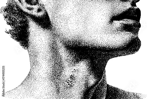 Detailed anatomical dotwork illustration of human neck and face element
