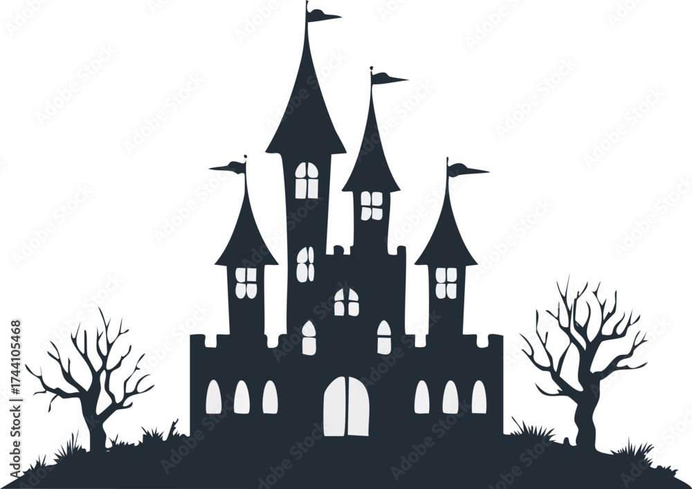 Obraz premium Haunted Castle Silhouette Gothic Halloween, Spooky Gothic Castle Vector Illustration, Creepy Haunted Fortress Outline Art, Scary Halloween Castle Silhouette Design