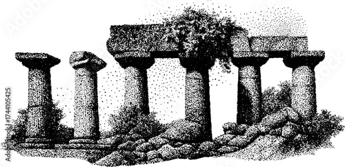Ancient ruins cove: detailed stipple art depicting historical architecture for creative design