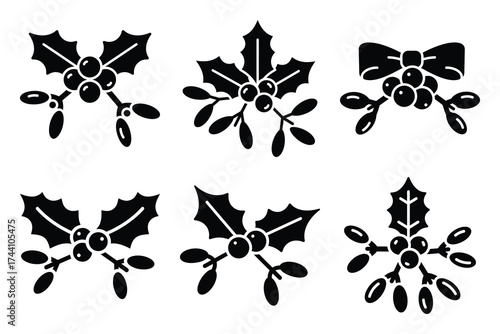 mistletoe silhouette christmas vector icon set
