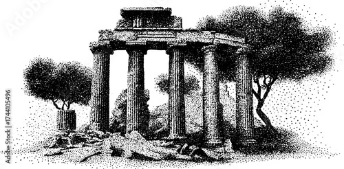 Detailed dotwork stippling illustration of ancient ruins with trees for artistic design and presentation