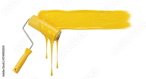 Isolated paint roller painting a yellow strip on the wall, construction and renovation work