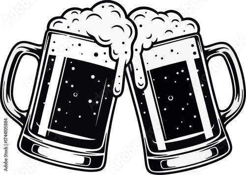 Two frothy beer mugs clinking together in celebration with a dark liquid and bubbly foam.
