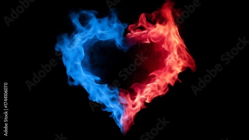 Flaming heart shape with contrasting blue and red fire on a dark background, representing passion, love, and emotional duality.