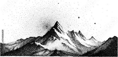 Intricate dotwork stippling of black mountain under starry sky - ideal for print or poster design