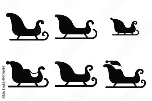 santa sleigh silhouette christmas vector icon set